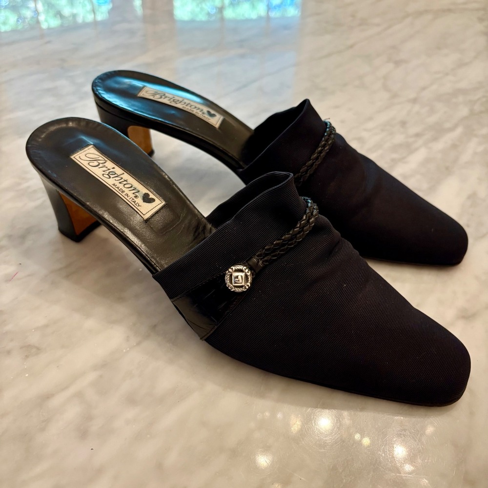 Brighton Quest Black Fabric Mules Braided Leather Detail Heeled Slides Italy 10M